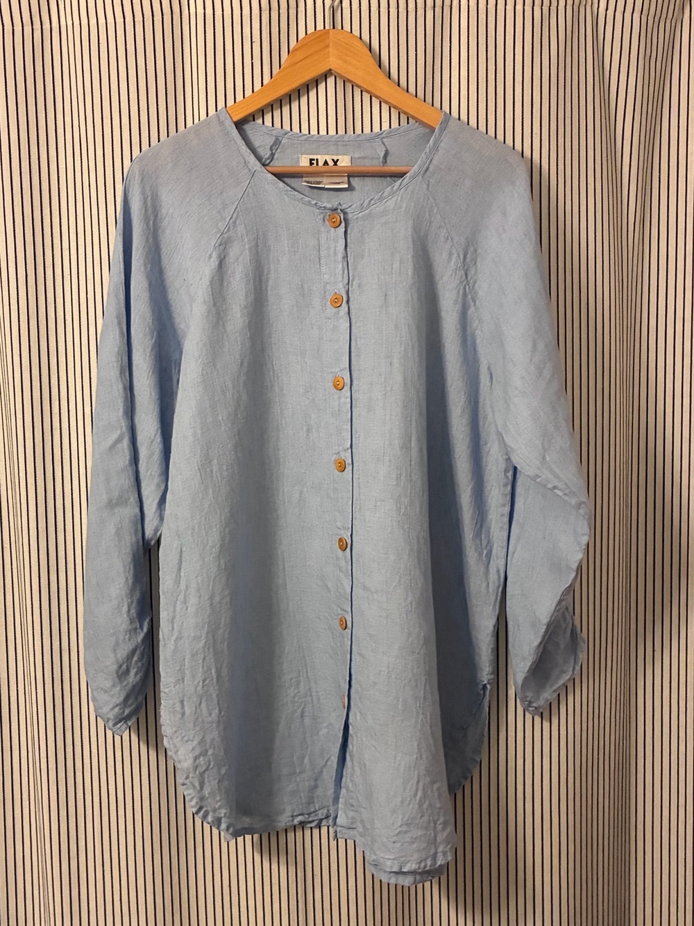 FLAX Light Blue Linen Button-Front Ladies Tunic